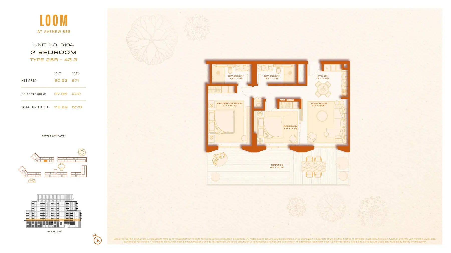 Two bedroom floor plan, unit B104