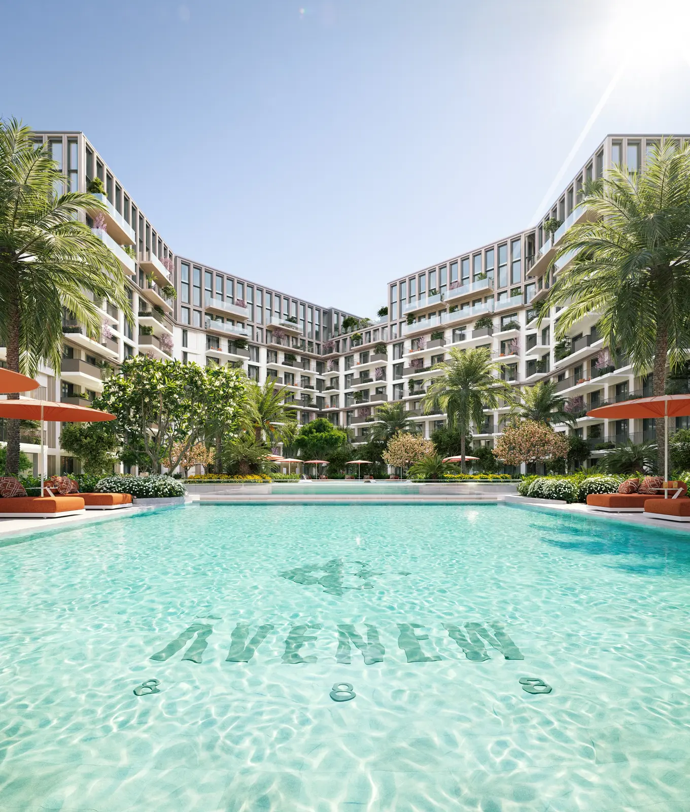 Large pool with Avenew mark and buildings behind