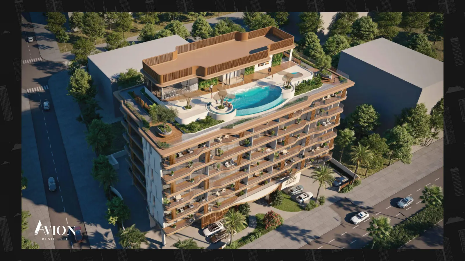 Aerial view of the building and rooftop pool