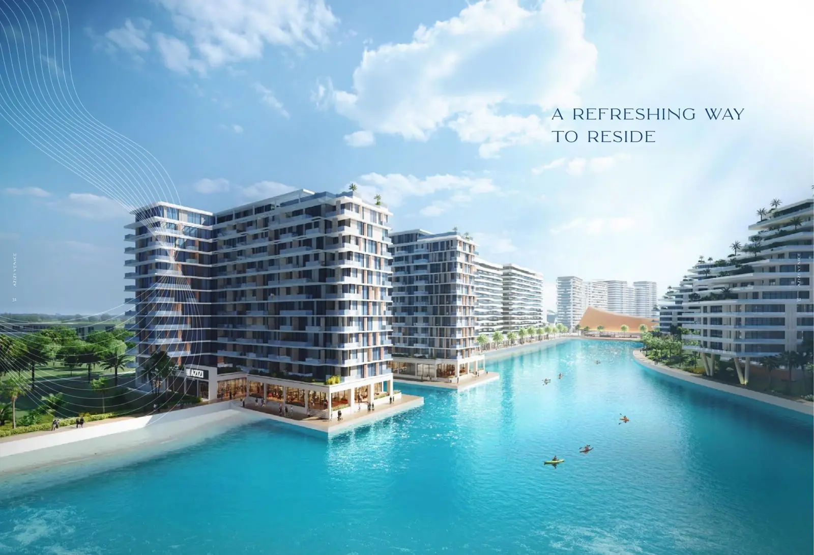 Apartment buildings along the lagoon with kayakers