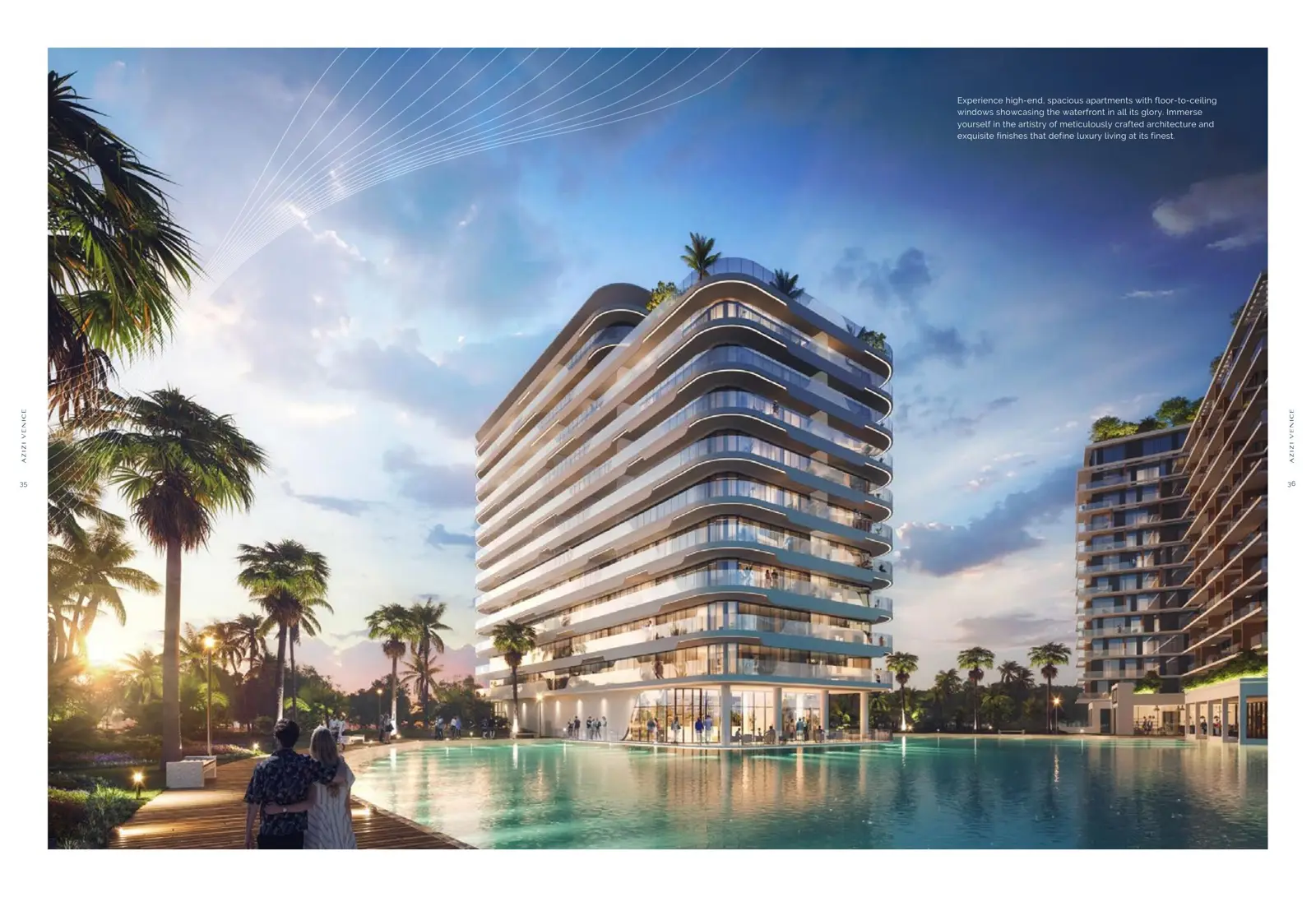 Curved-balcony apartment tower at the lagoon edge at sunset