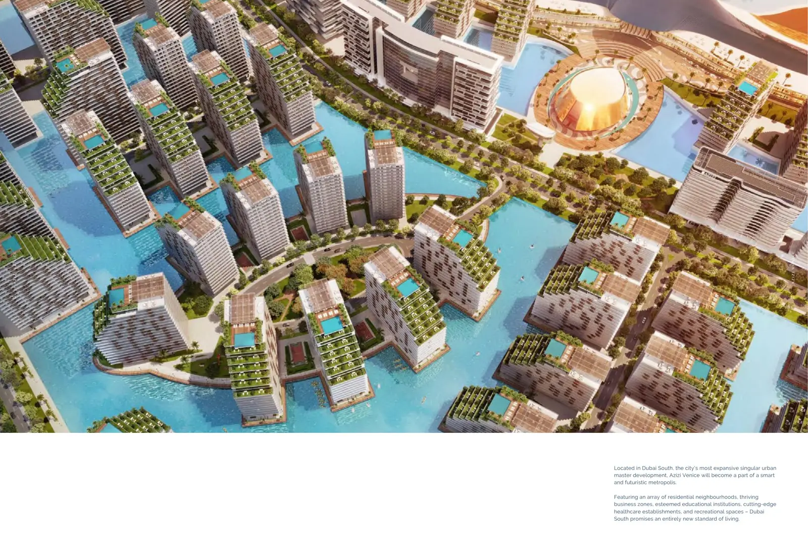 Aerial view of towers around the lagoon and Opera House