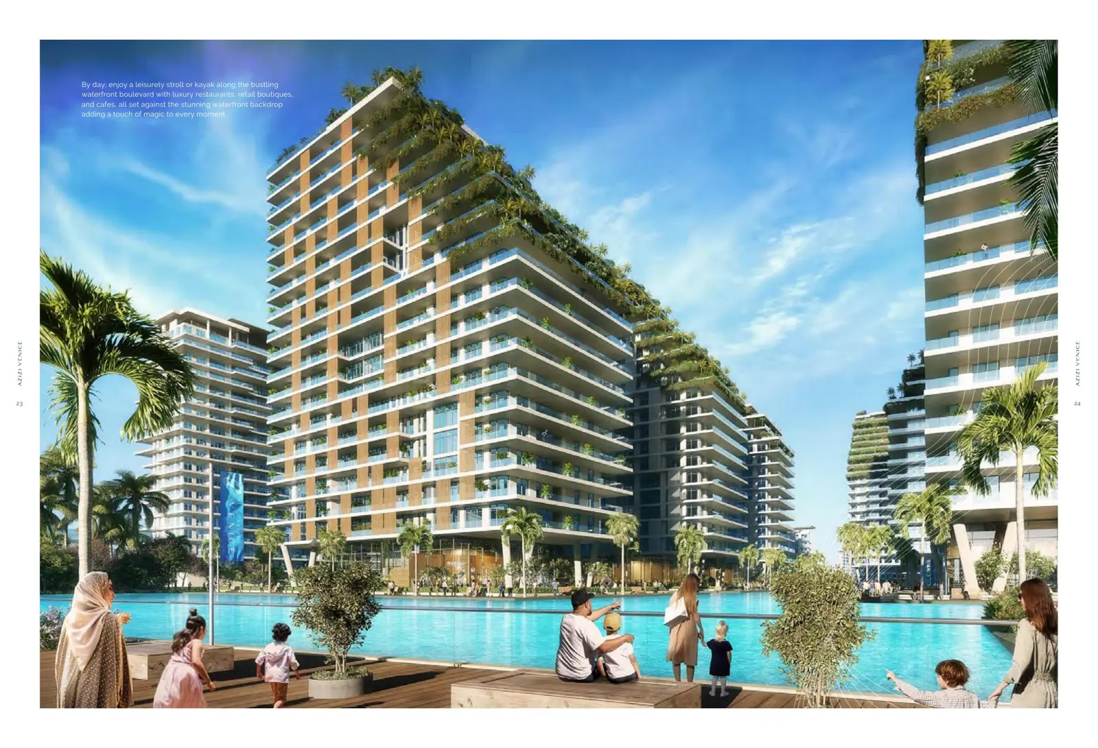 Terraced apartment tower with green roof beside the lagoon