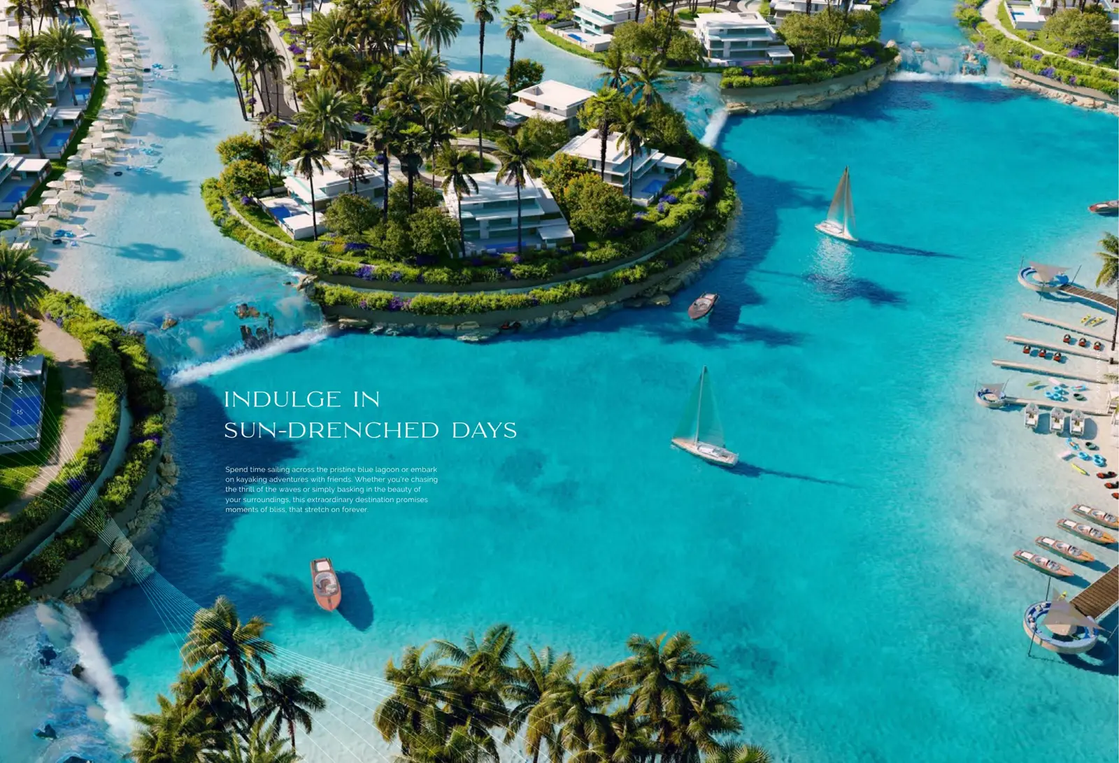 Aerial view of lagoon with sailboats and villa islands