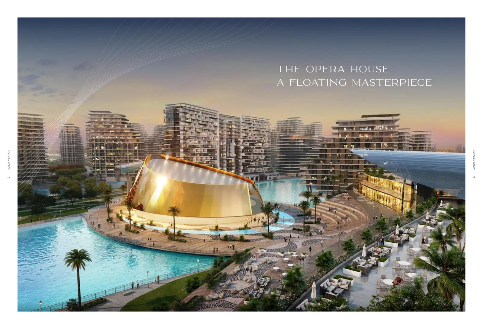 Opera house on the lagoon at dusk