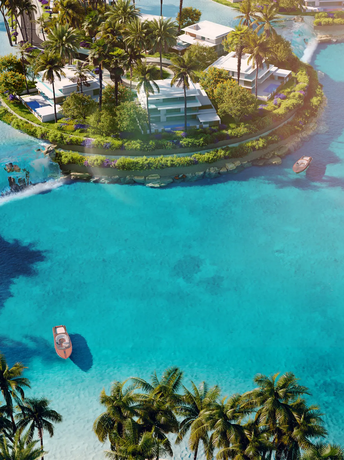 Aerial view of villa island and boats in lagoon