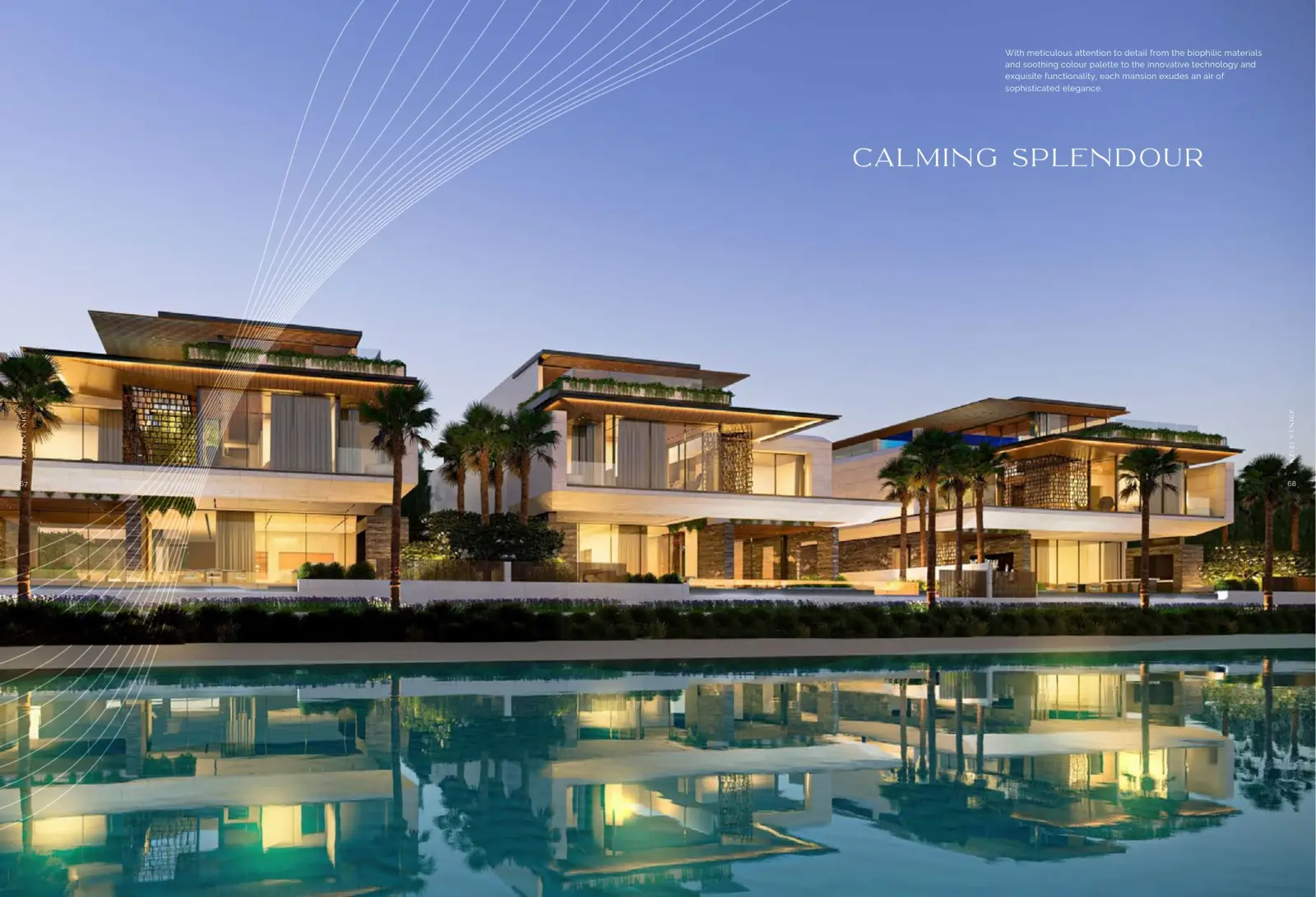 Row of waterfront mansions reflected in the lagoon