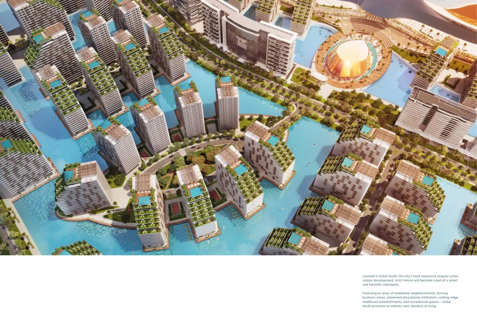 Aerial view of towers around the lagoon and Opera House