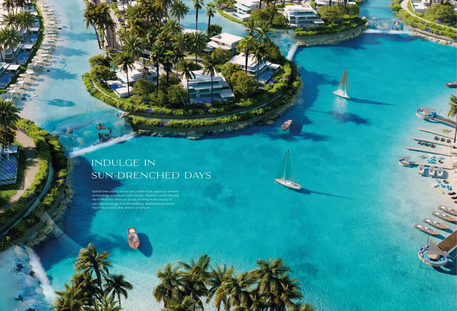 Aerial view of lagoon with villa islands and sailboats