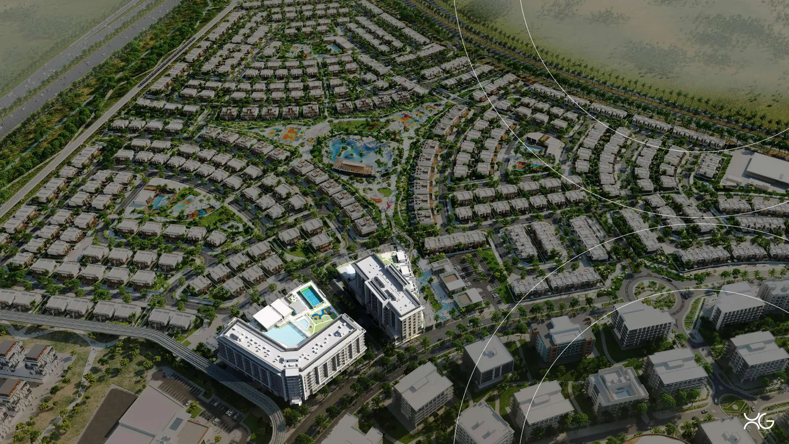 Aerial view of the two buildings in the community