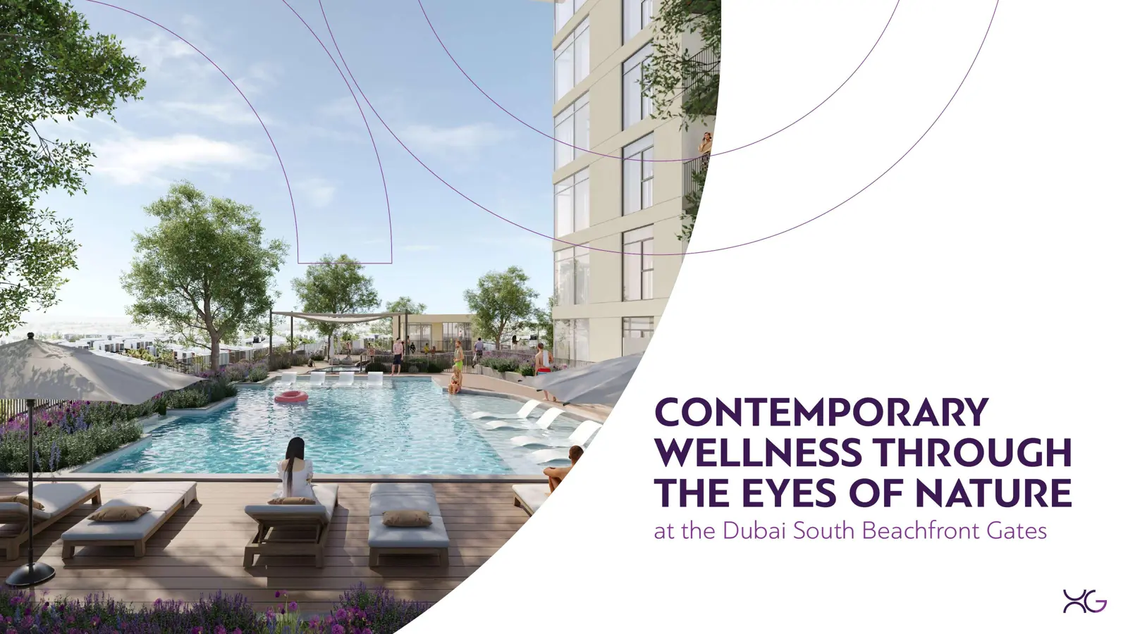 Pool deck with loungers beside the building
