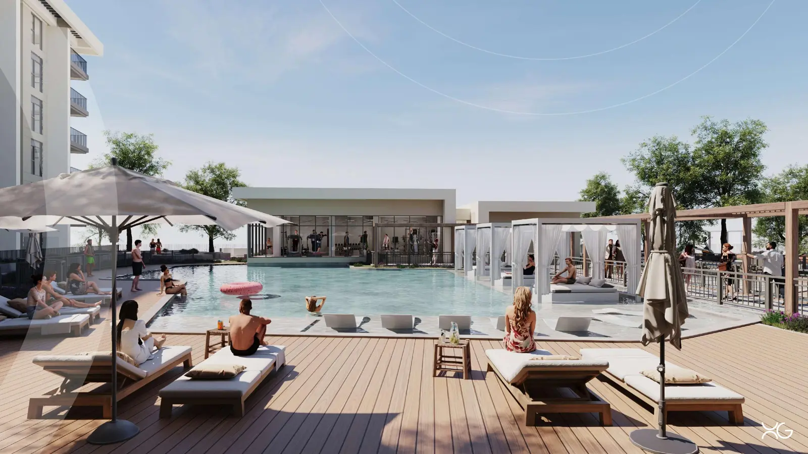 Pool deck with cabanas and loungers