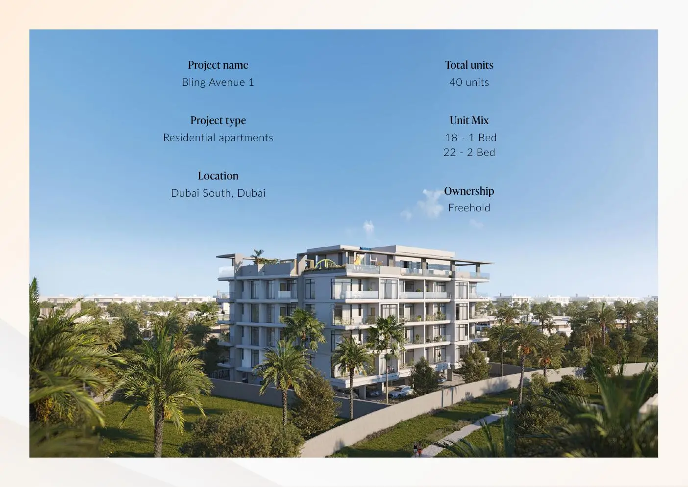 Daytime render of the building among palm trees
