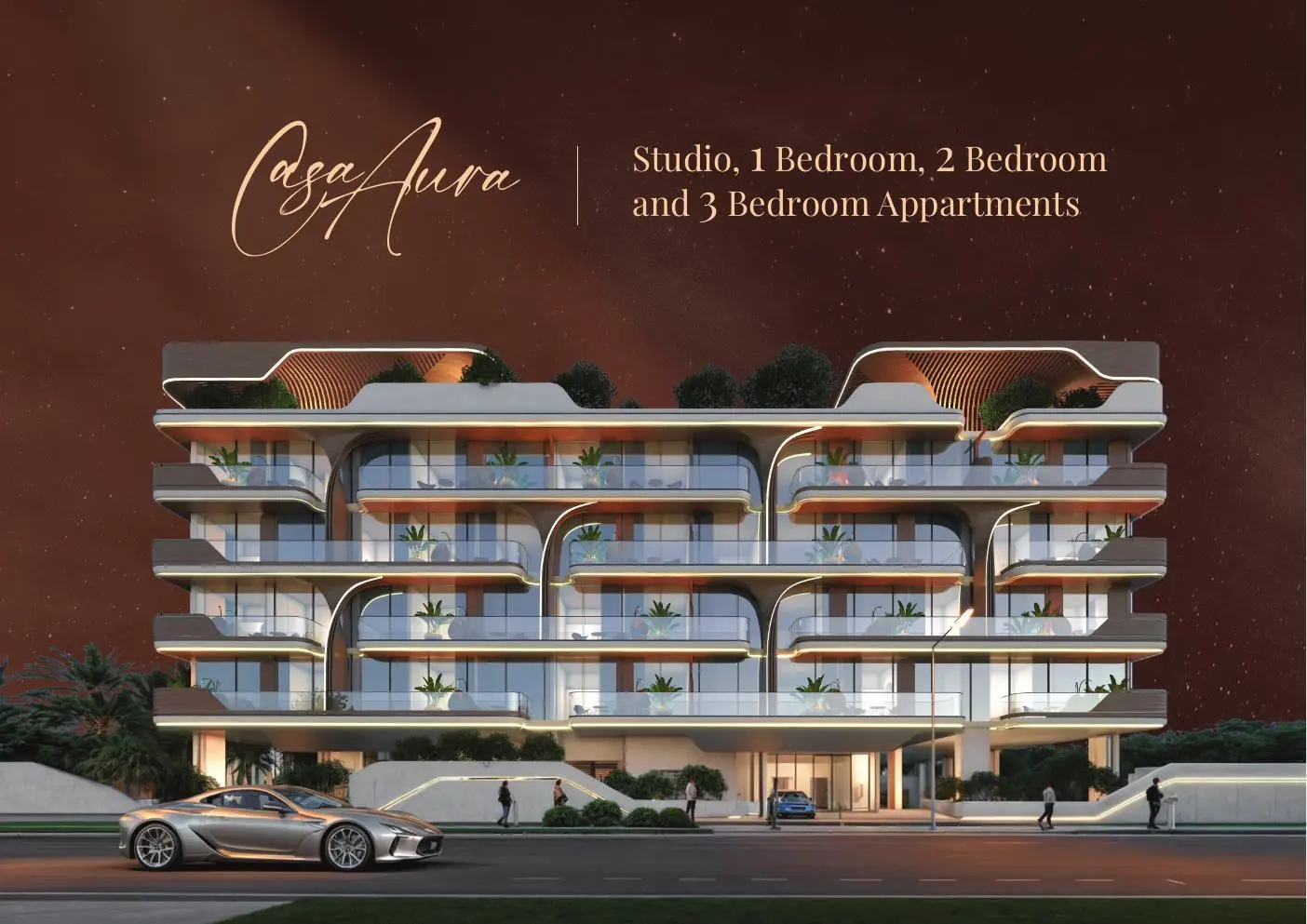 Night view of the five-storey building with curved terraces