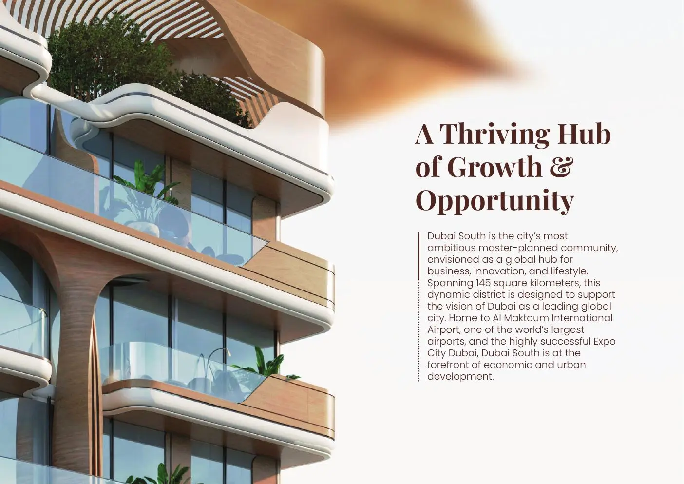 Close view of curved balconies with planters