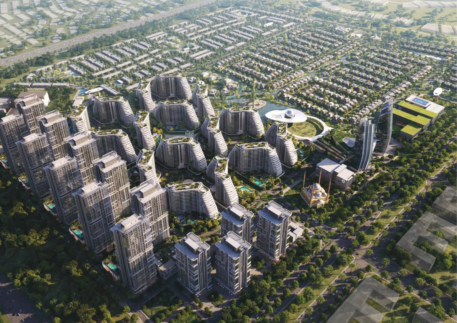 Aerial view of the stepped Cascada towers and community