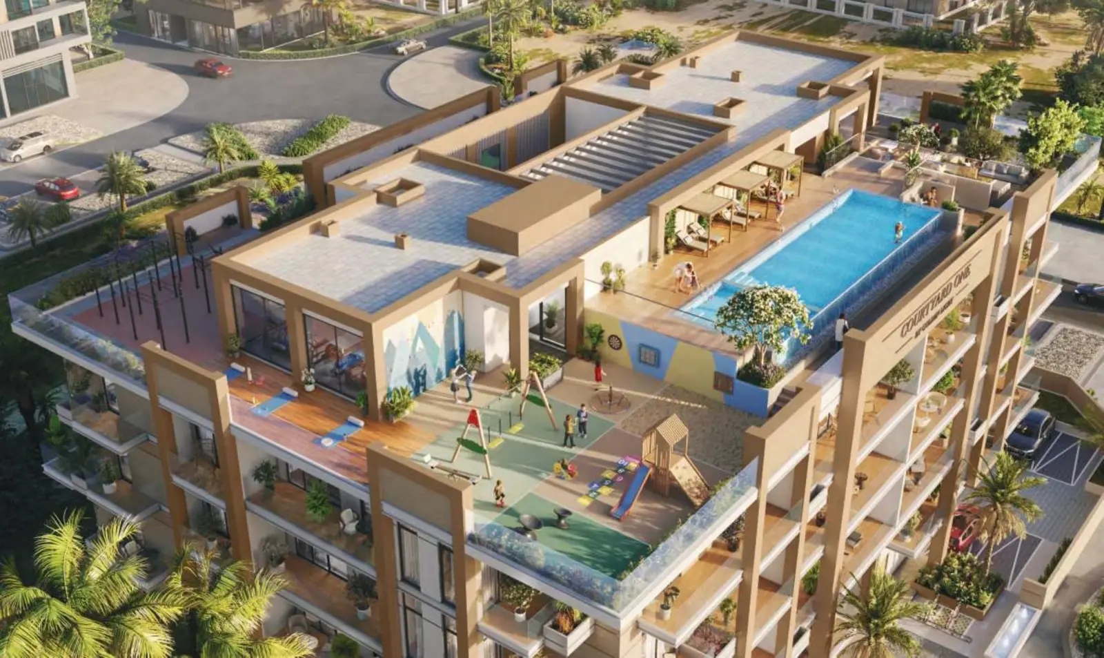 Aerial view of rooftop pool, play area and gym