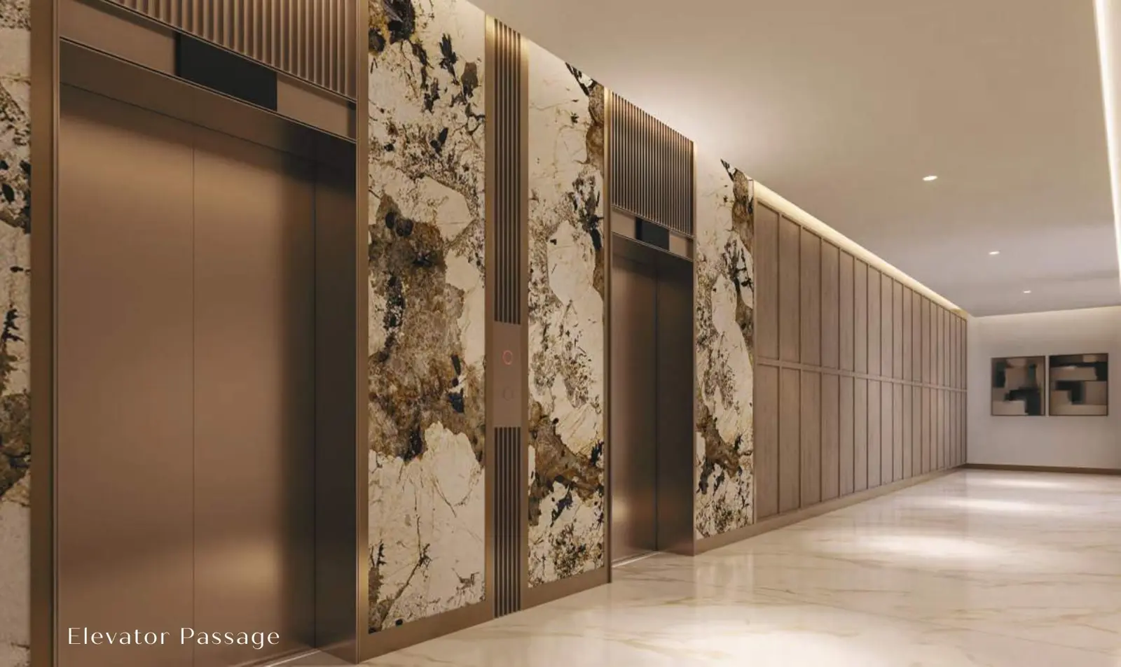 Elevator passage with stone wall panels