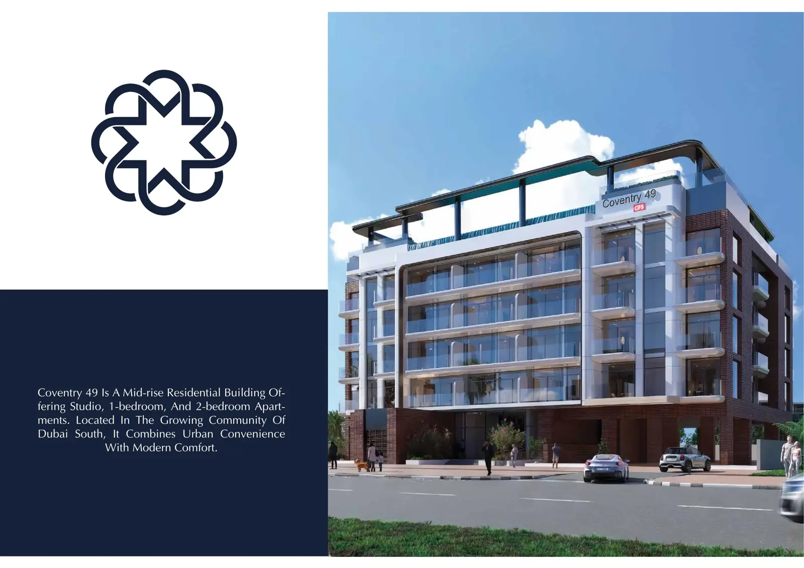 Street view of the mid-rise building with brick base