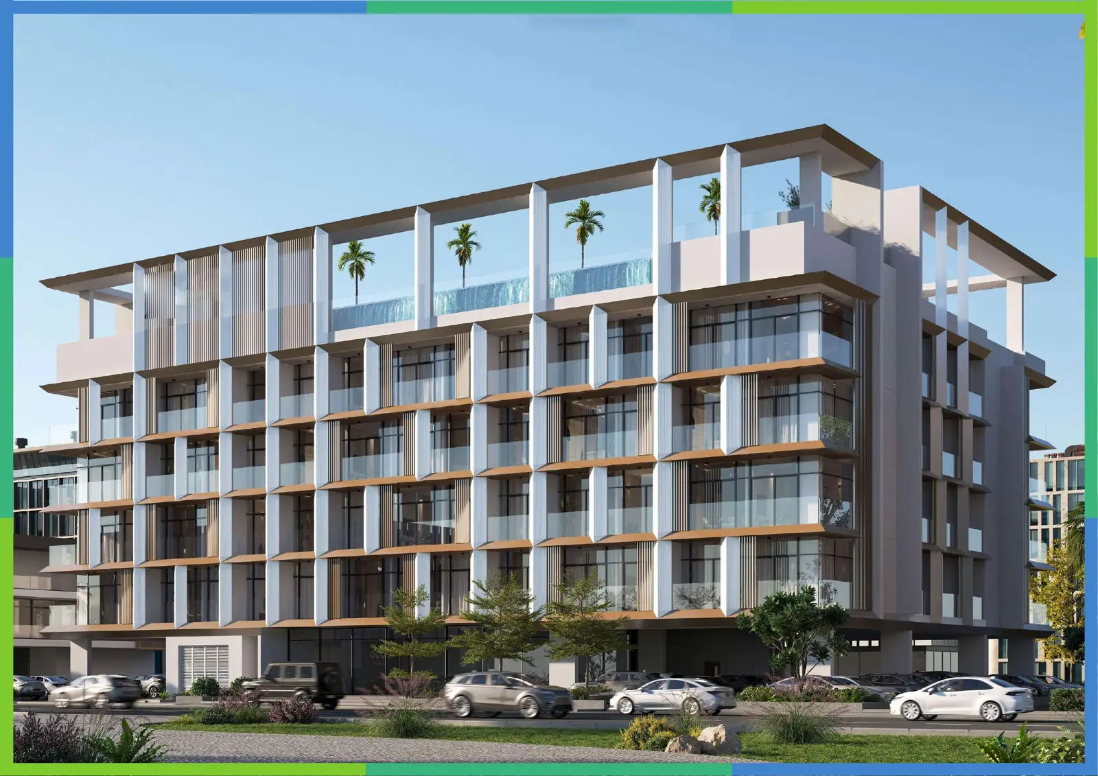 Front of the building with rooftop pool
