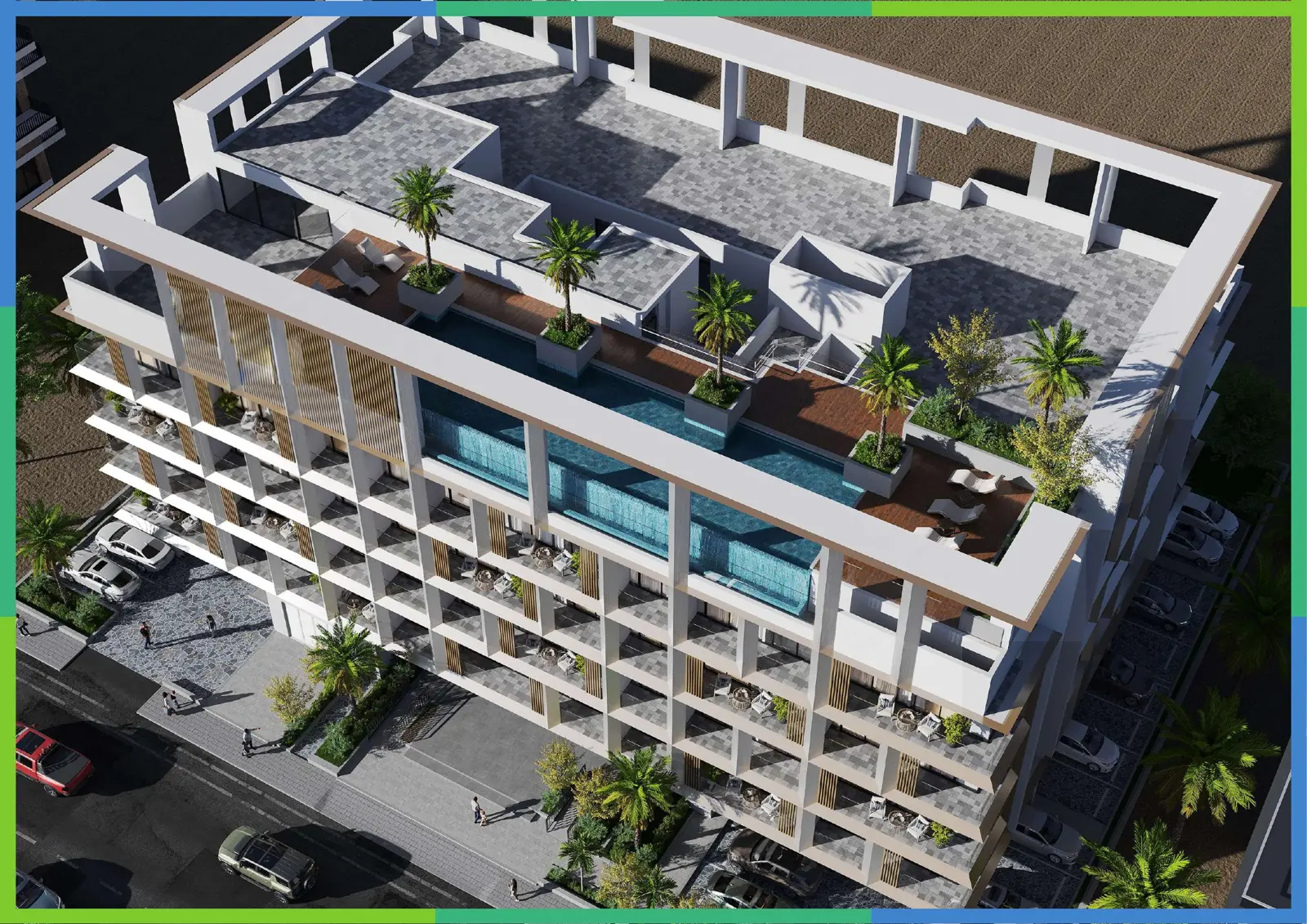 Aerial view of the rooftop pool and building
