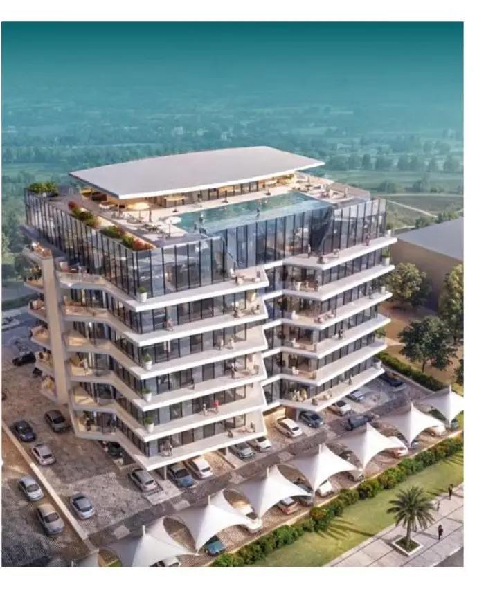 Aerial view of the mid-rise tower with rooftop pool