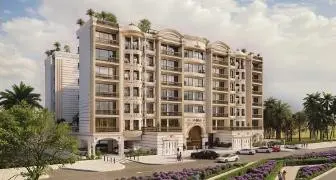 Full building facade among palm trees