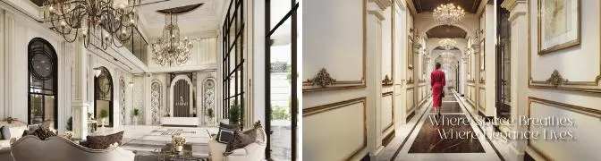 Classic lobby with chandelier and corridor