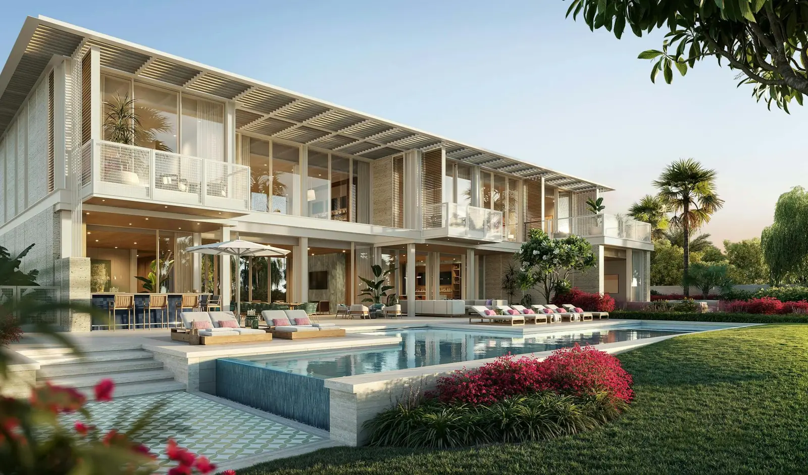 Two-storey villa with pool and pink flowers