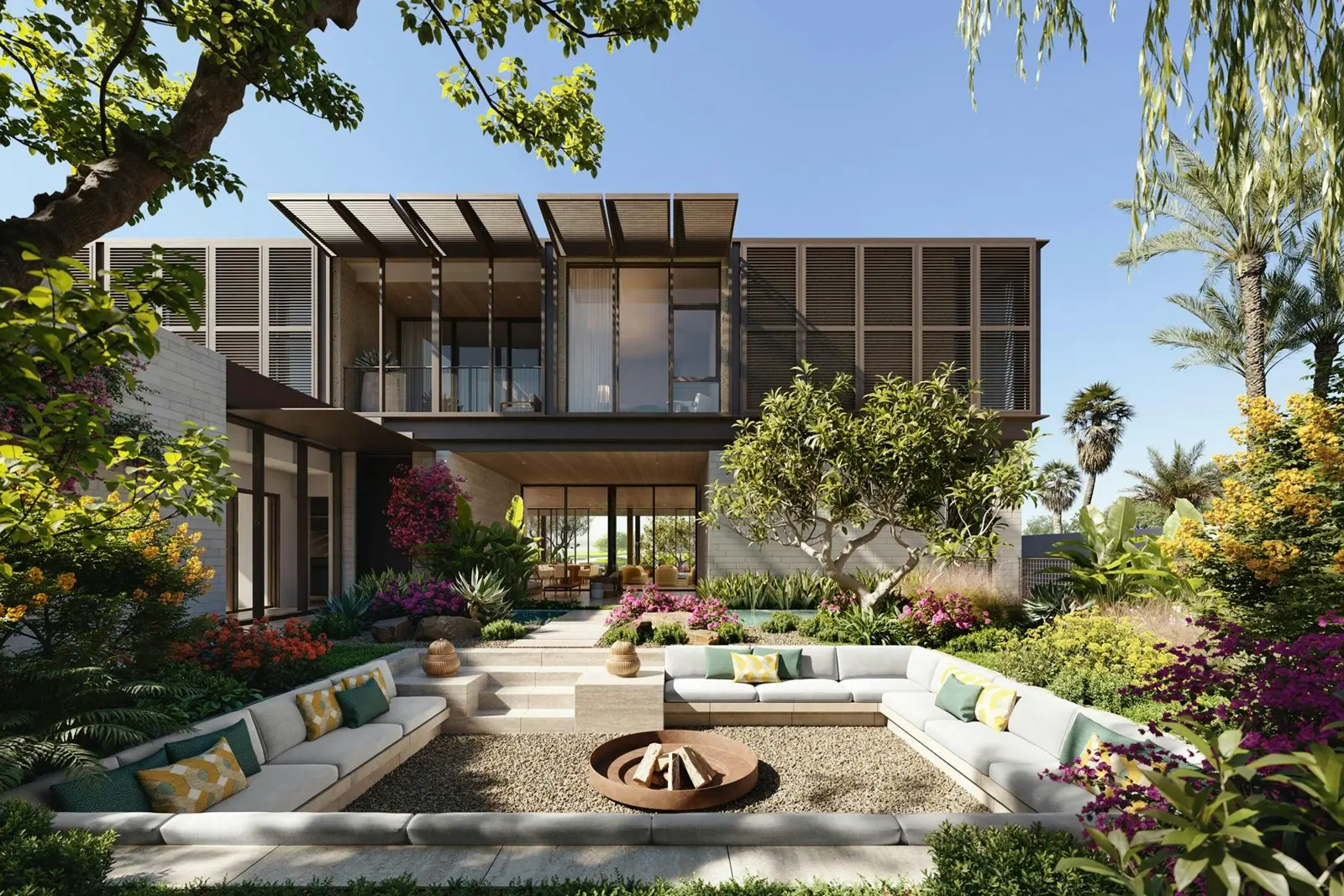 Villa courtyard with sunken fire pit seating