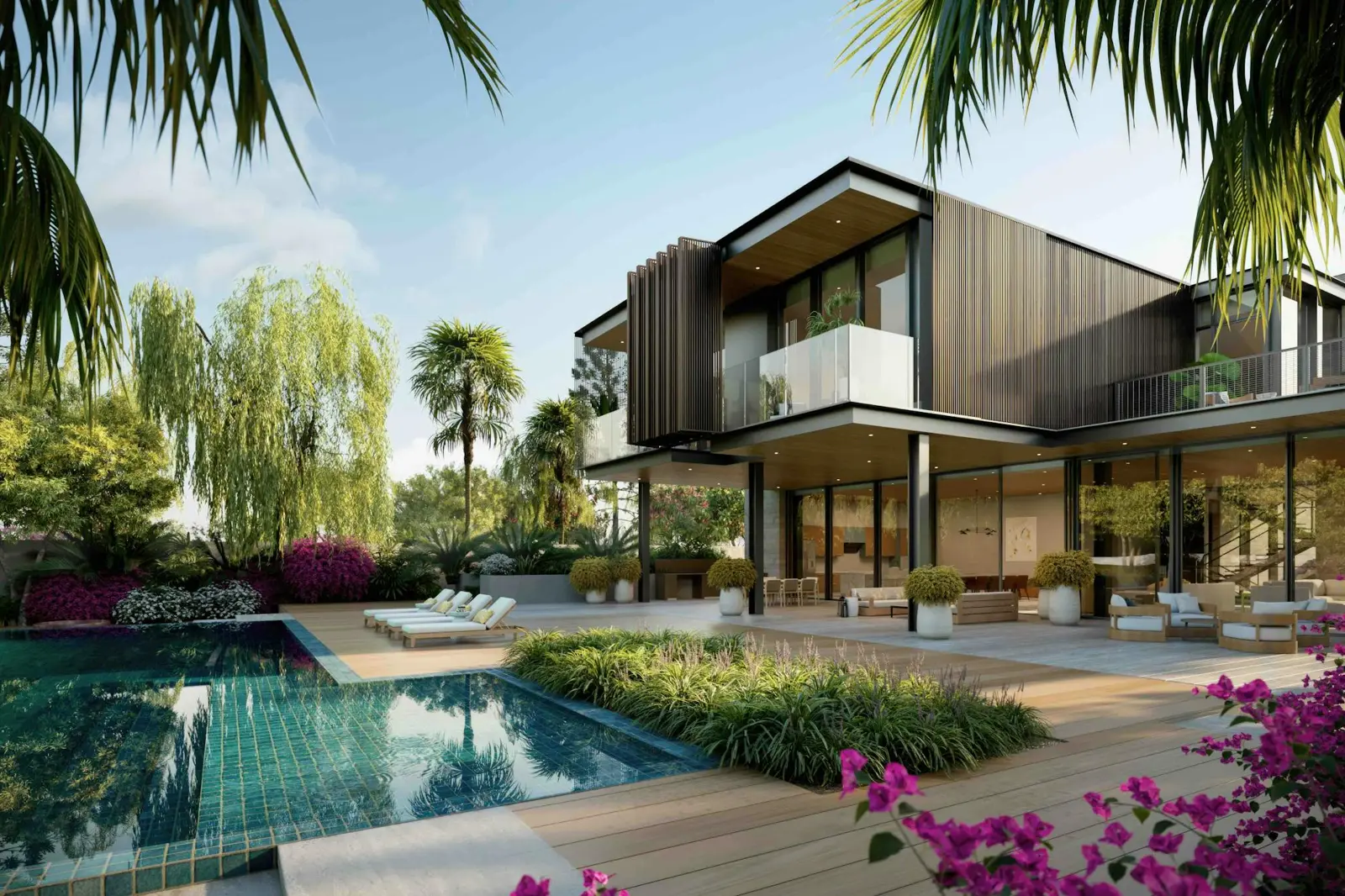 Modern villa with timber facade beside pool