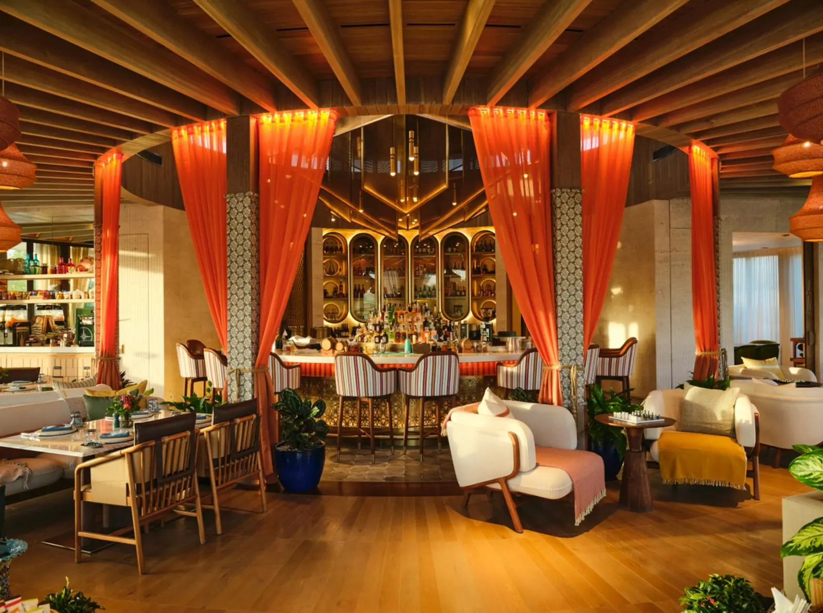Restaurant bar with orange curtains