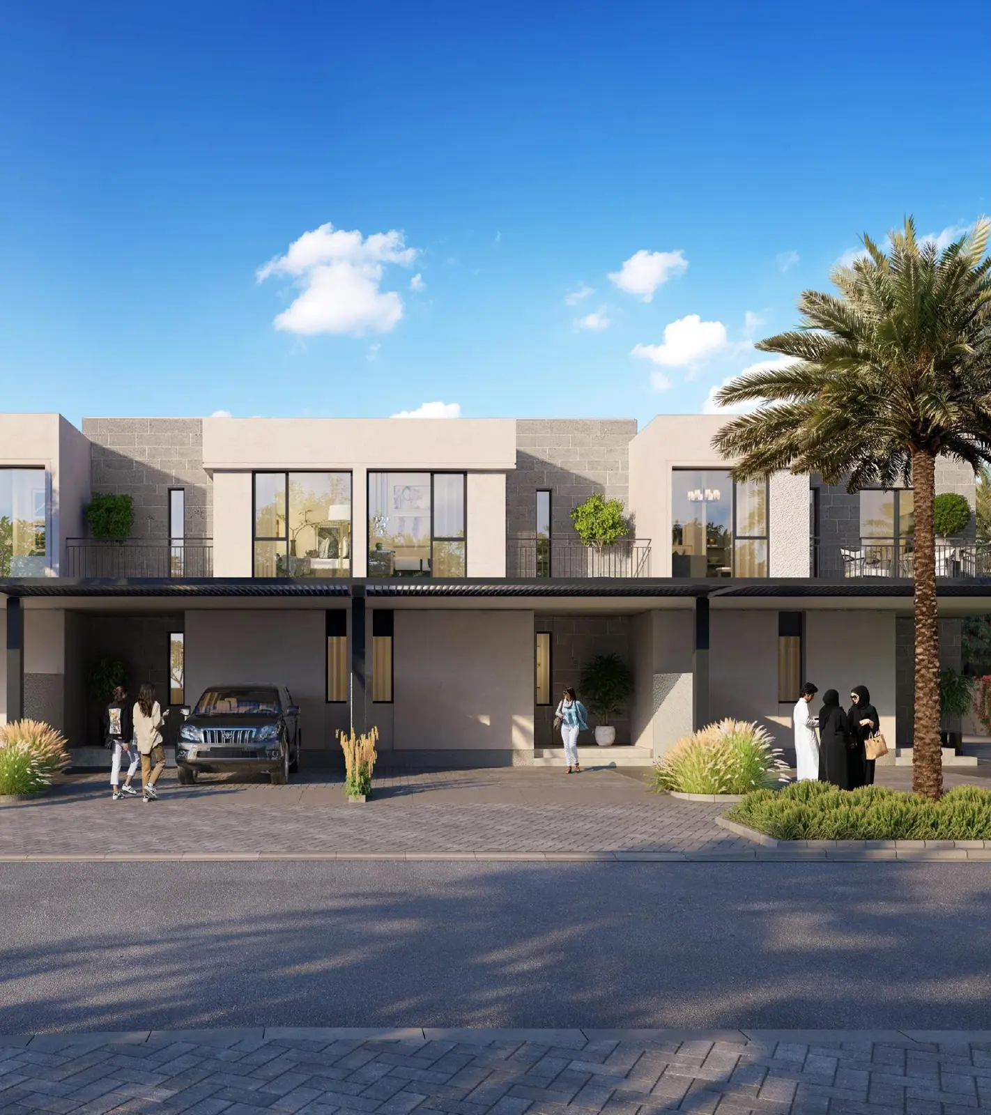 Row of modern villas with palm tree