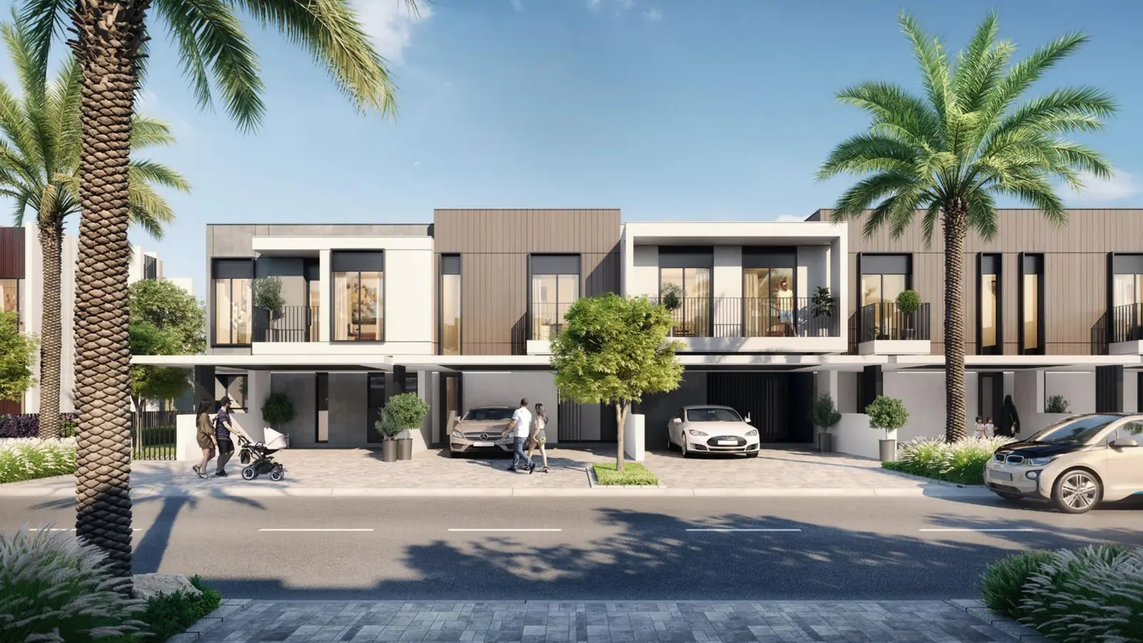 Street view of modern villa row with palms