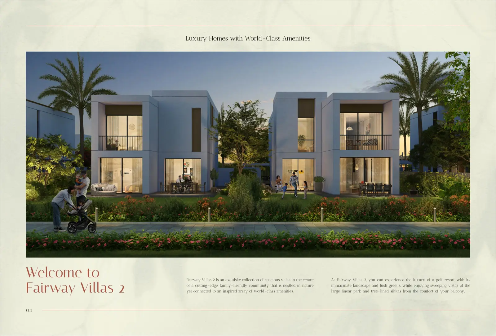 Two villas at dusk facing a garden
