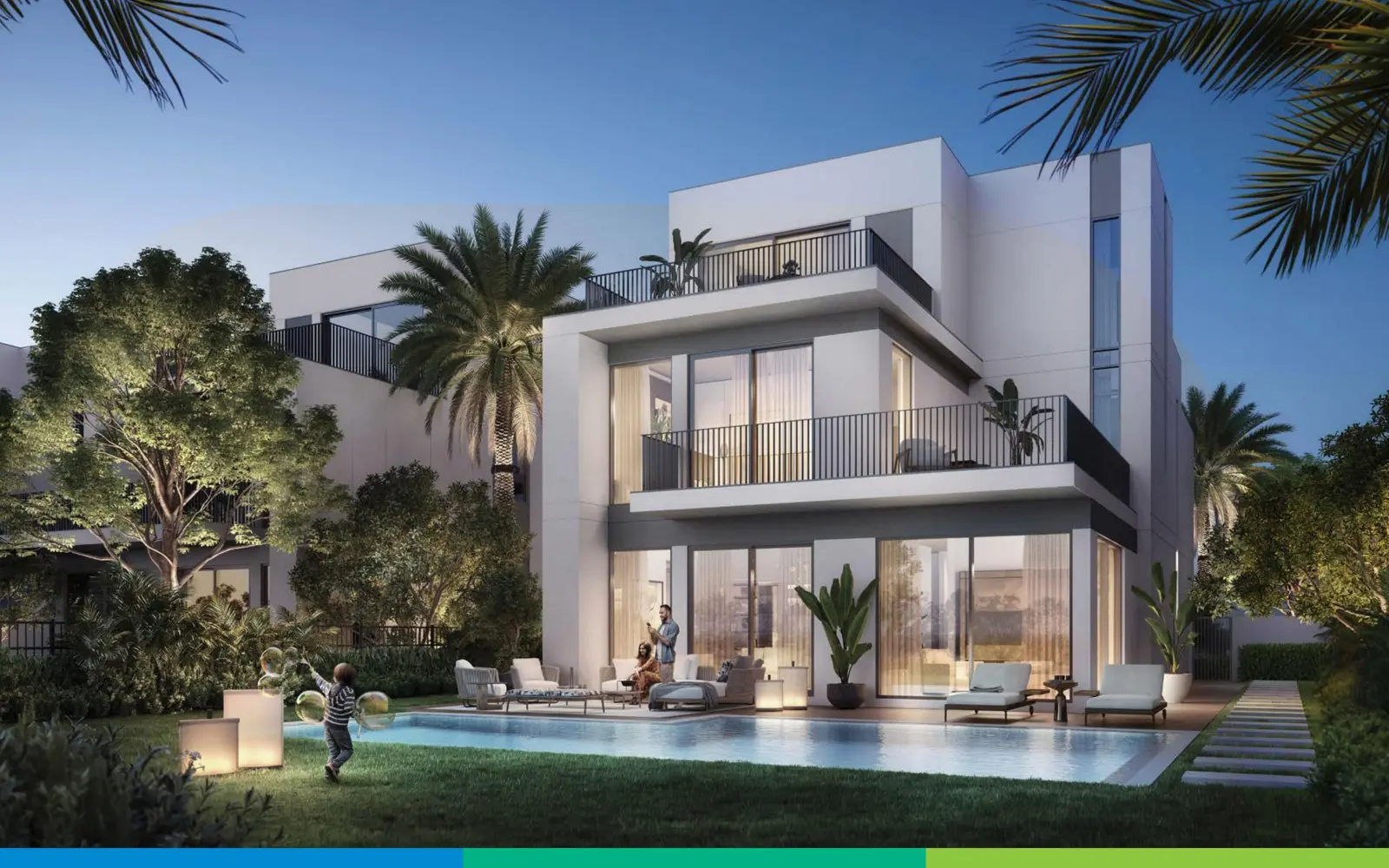 Villa with balconies and a pool at dusk