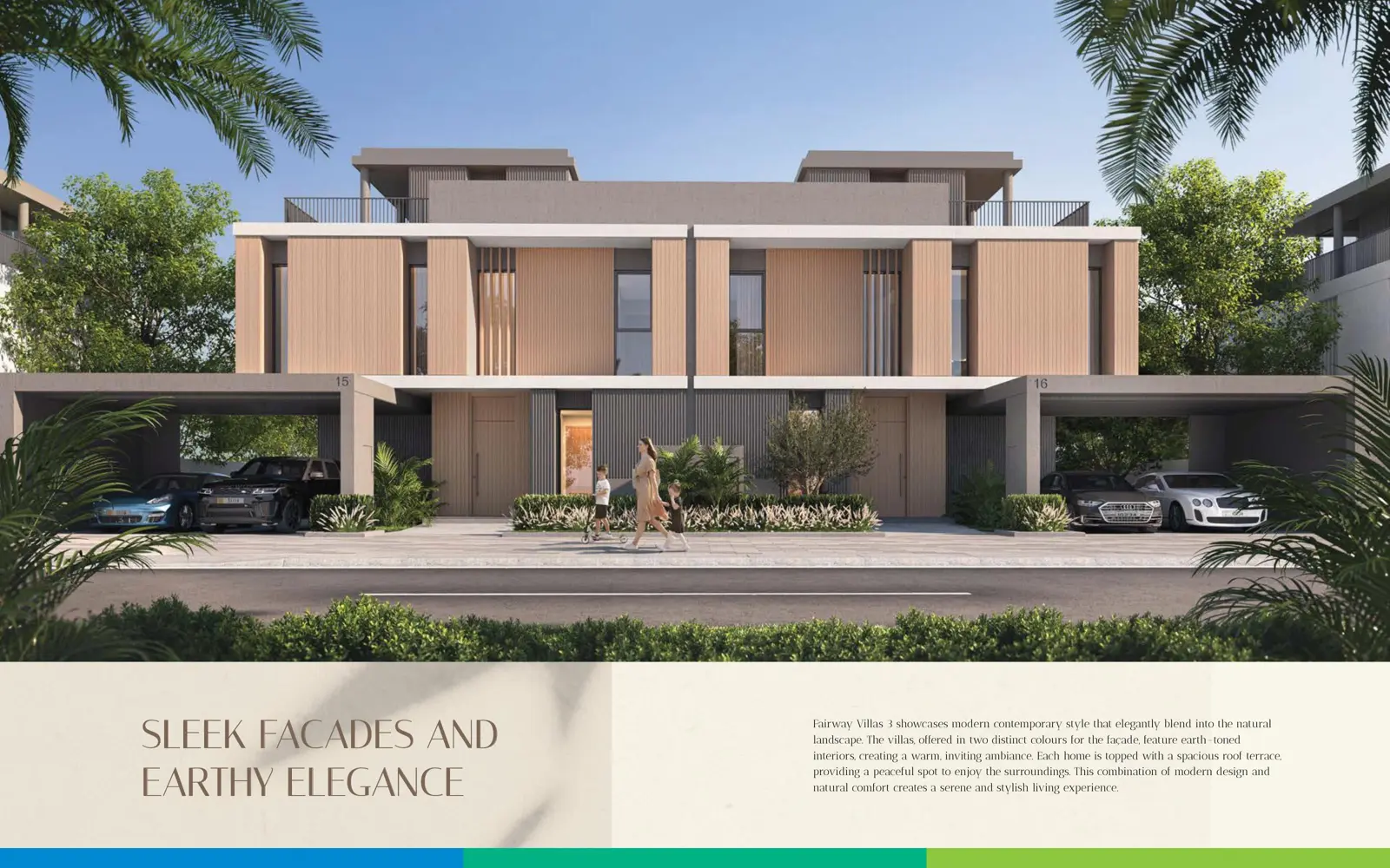 Semi-detached villas with timber-look facades and carports