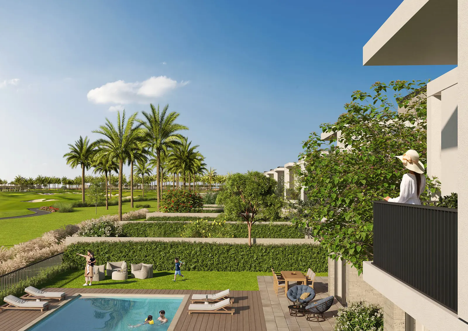 Villa garden with pool and golf course view