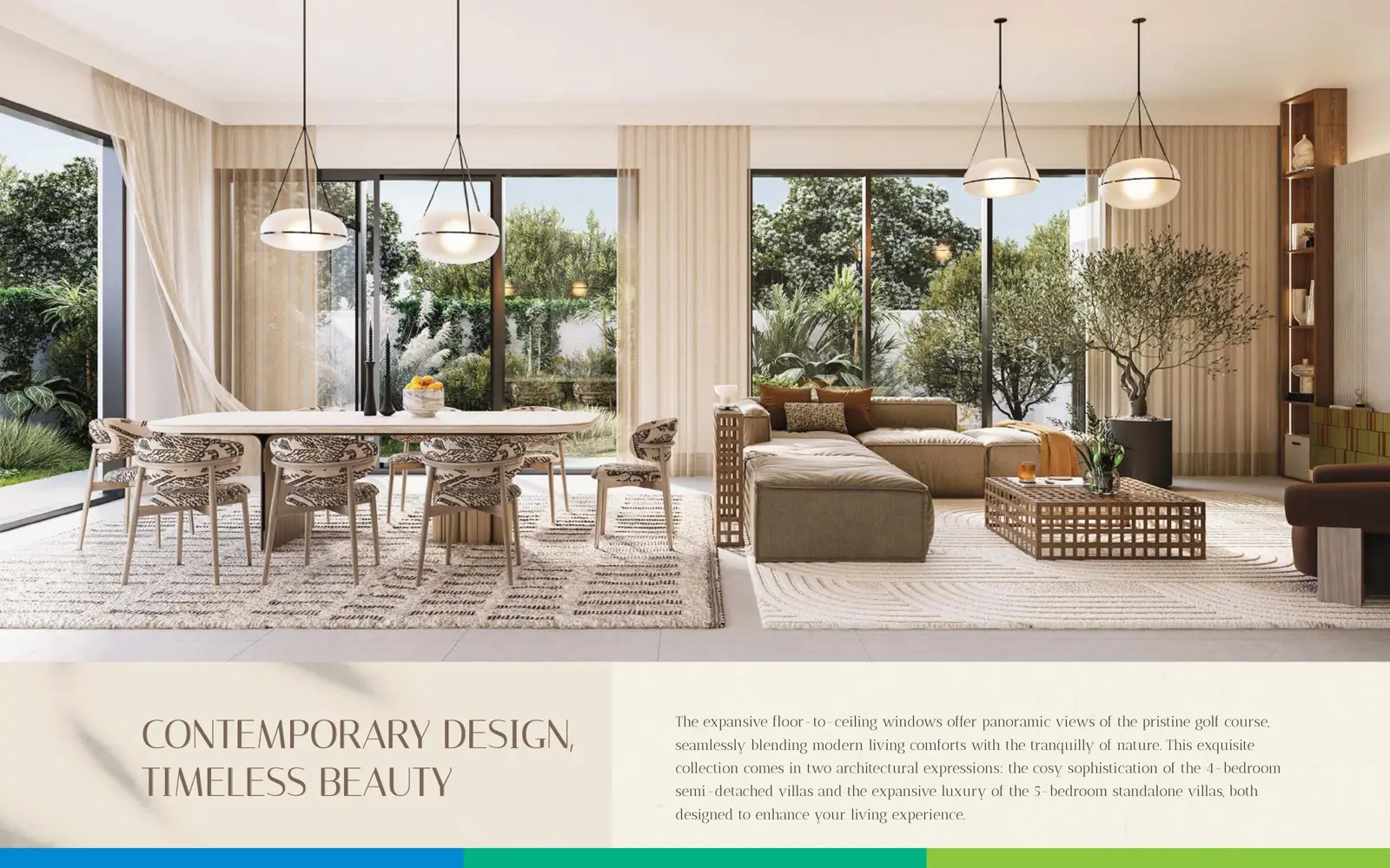 Living and dining room with floor-to-ceiling windows