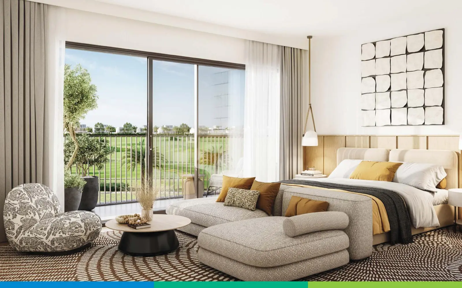 Bedroom with balcony view of the golf course