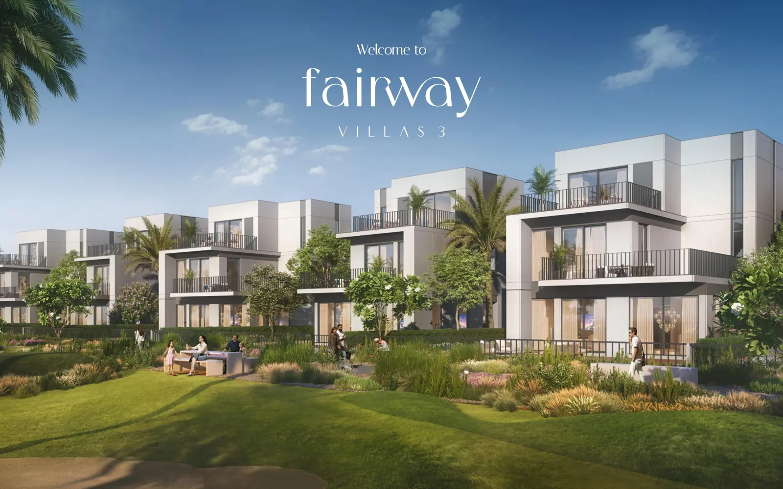 Row of white modern villas above garden lawn