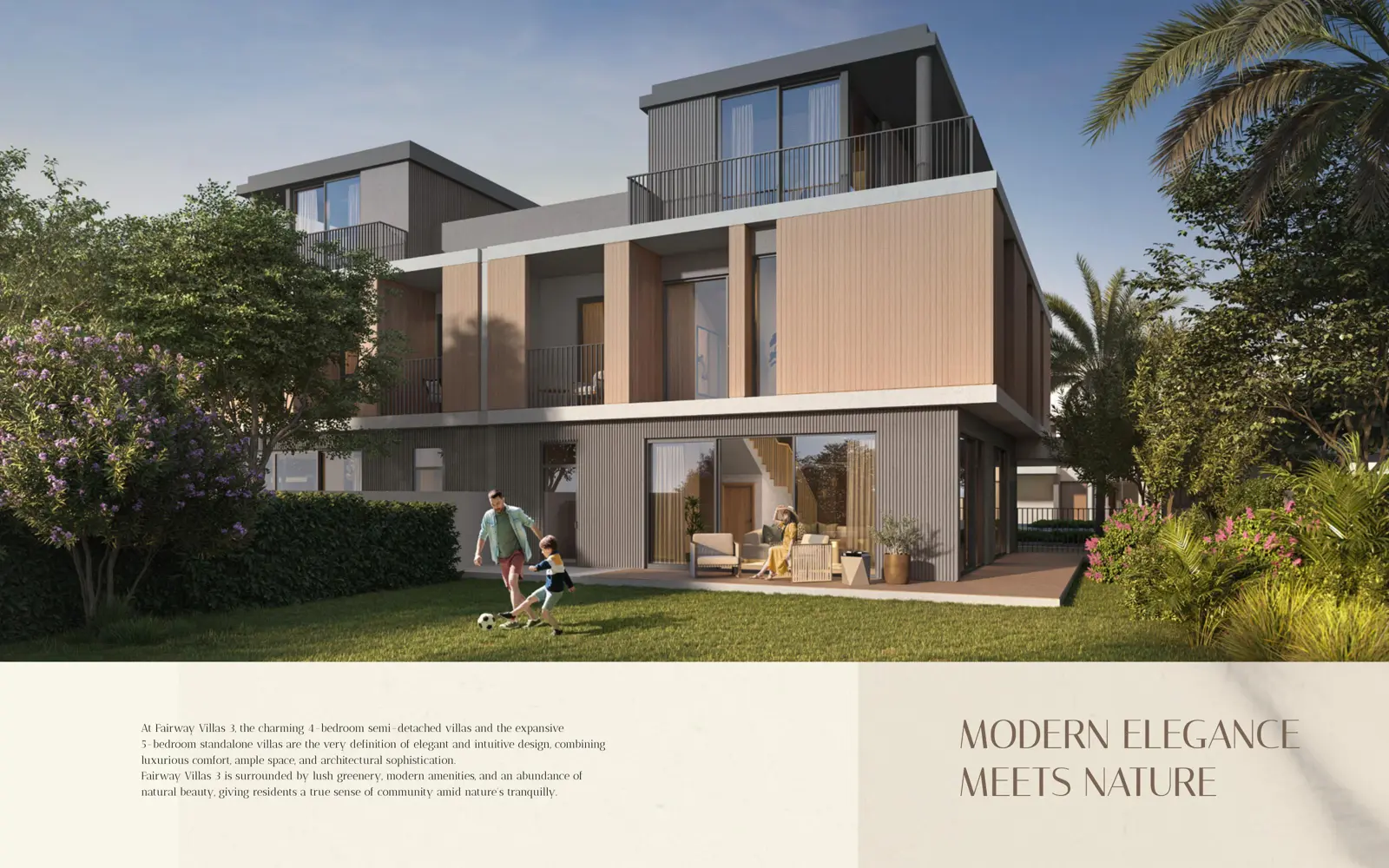 Villa garden facade with family playing football