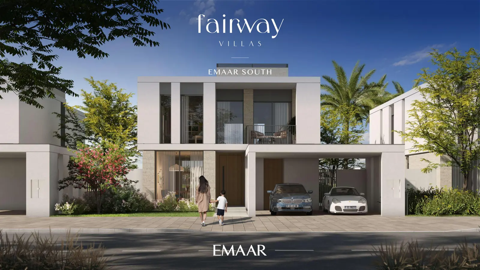 Front of two-storey villa with carport
