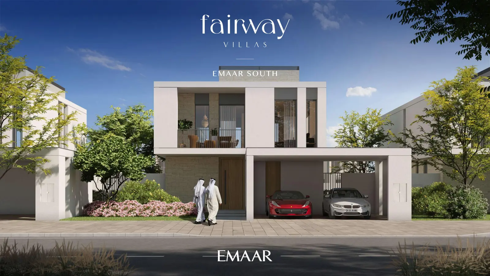 Villa front elevation with two cars