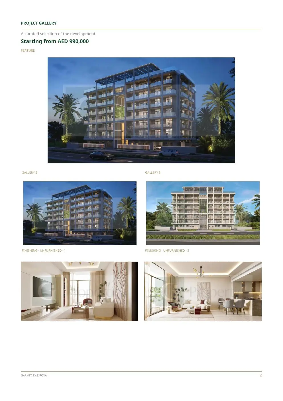 Mid-rise building facade renders and interior living rooms