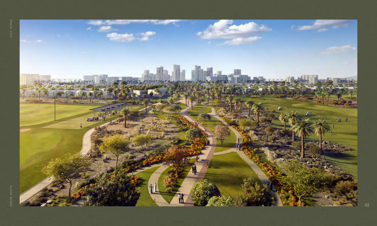 Aerial view of golf course and walking paths
