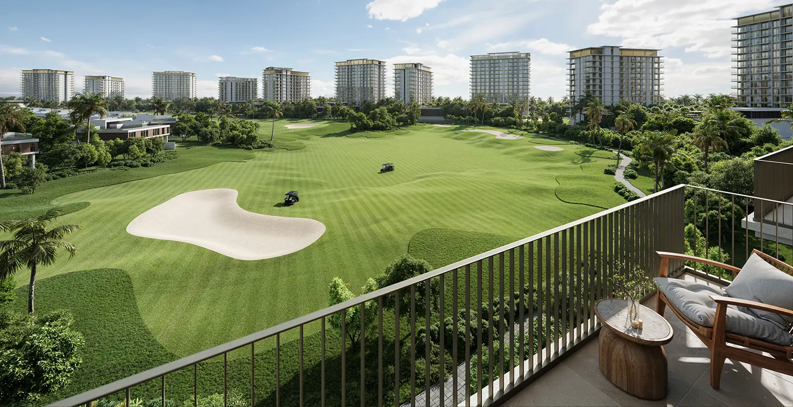 Balcony view over golf course and residential buildings