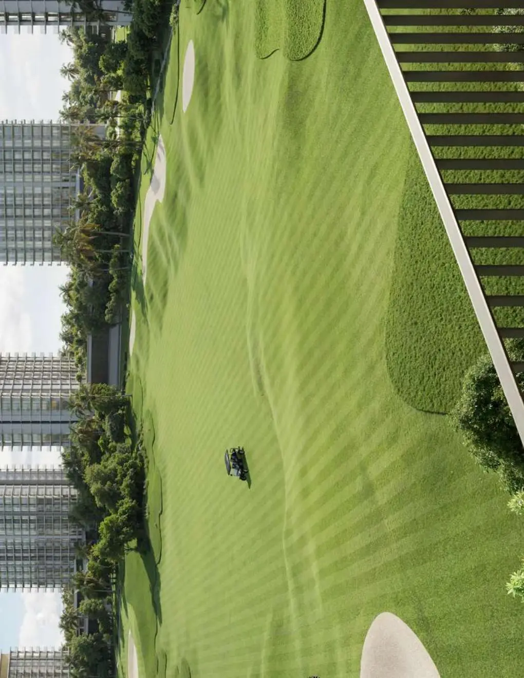 Golf course fairway beside residential towers, render
