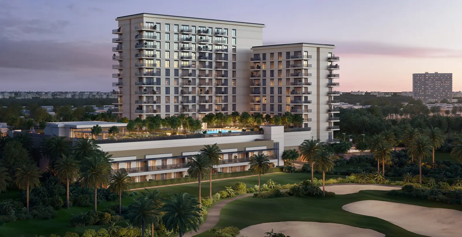 Two apartment blocks with podium pool and golf course