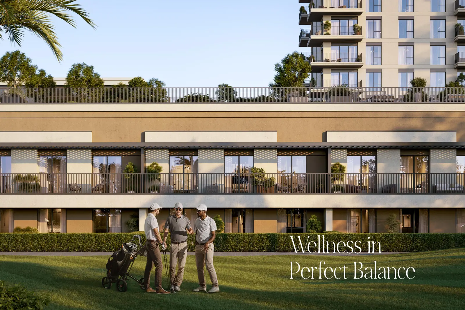 Low-rise podium and apartment block with golfers